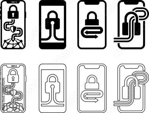 Mobile encryption tunnel icon collection with solid and outline secure connection silhouettes