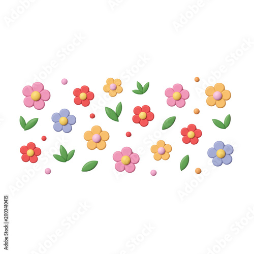 Cute 3D flower vector set, colorful spring blossoms and green leaves for summer garden decoration