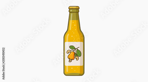 A refreshing beverage bottle showcases a delicious tropical cashew fruit drink. It's a photorealistic vector image that evokes the tropical essence of the fruit.