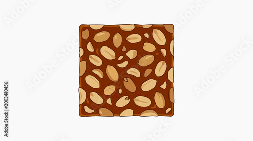 A close-up image of a delicious peanut brittle candy, with scattered peanuts on a square brown background, offering a tempting treat.