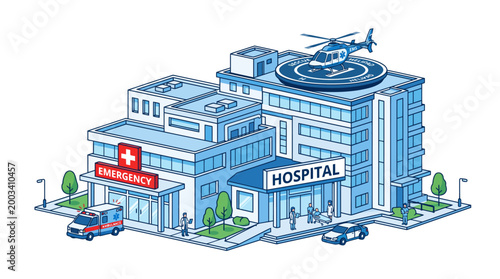 Busy hospital with helipad and emergency services