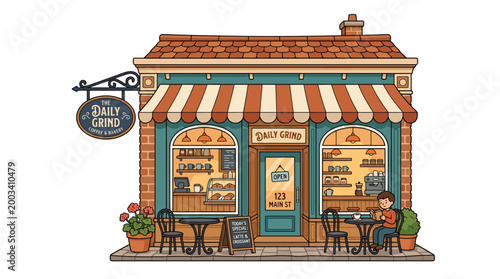 Cozy coffee shop exterior with outdoor seating