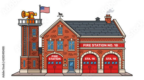 Historic fire station building with alarm tower
