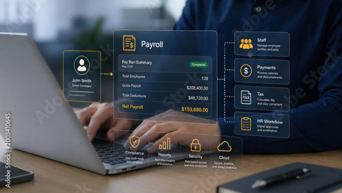 A professional is managing payroll software on a laptop