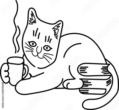 Cute Cat Drinking Coffee Line Art Vector, Hand Drawn Cozy Pet Illustration