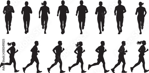 Black silhouettes of people running in various poses.