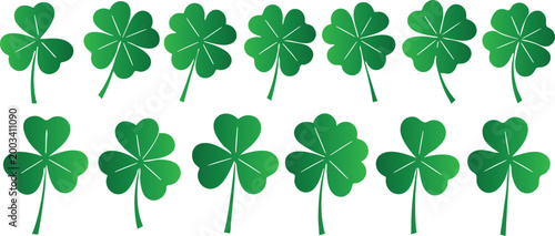 Set of green four leaf clover illustrations.