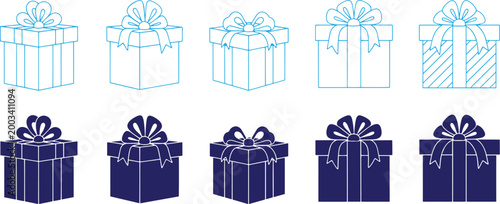 Collection of white and dark blue gift boxes with bows.