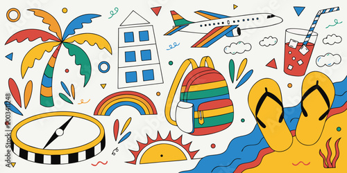 Colorful travel illustration with palm tree airplane backpack and summer accessories