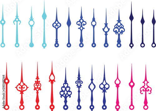 Collection of colorful clock hands in various designs.