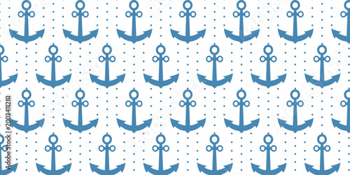 Seamless Nautical Pattern with Blue Anchors and Dotted Texture on White Background Vector