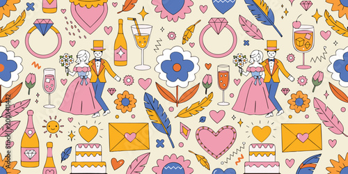 Wedding themed pattern with rings champagne and bride and groom illustrations