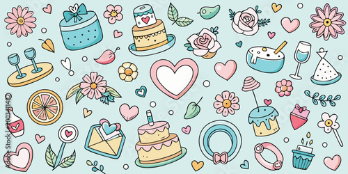 Hand drawn pattern of cakes flowers hearts and desserts in pastel colors