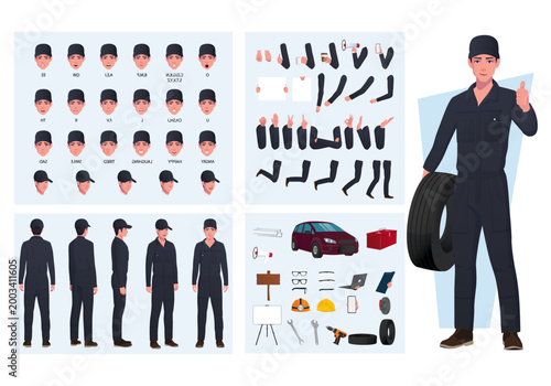Professional car mechanic construction kit with various poses and equipment assets