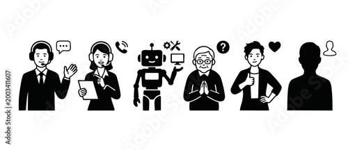 Customer Service Icons Set with Support Agents, AI Robot and User Feedback Characters, Vector Flat Outline Illustrations for Business, Technical Support, Call Center and Digital Experience Design Conc