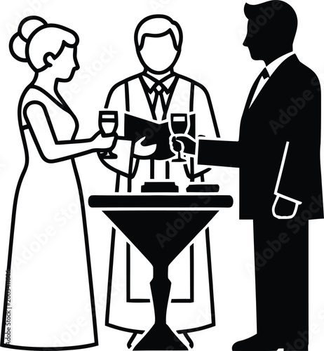 Vintage illustration of a bartender serving drinks to guests