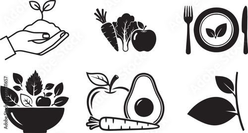 Black and white icons of healthy food and plants