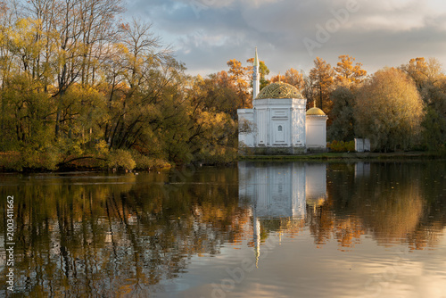Photos The pavilion of the Turkish Bath on the shore of the Great pond in the Catherine Park of Tsarskoye Selo on a sunny autumn day, Pushkin, St