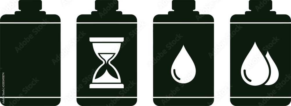 Fototapeta premium Four rectangular dark green icons representing time and fluid concepts