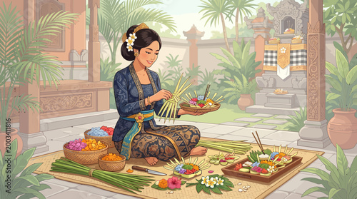 Vector illustration of Balinese woman making traditional offerings (canang sari) with flowers and leaves, cultural activity in Bali, flat design, clean lines, soft colors, isolated character.