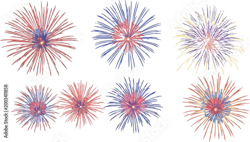 Collection of colorful fireworks explosions in red, blue, and yellow hues against a white background, celebrating festivities and special occasions
