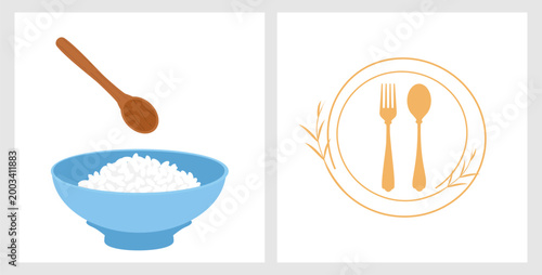 Simple dining concept with rice bowl, wooden spoon, and utensil icon illustration.