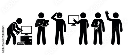 Stick figure computer technician icons, IT support staff service and maintenance actions, set of business people working with technology, repair, help desk assistance, and digital communication symbol