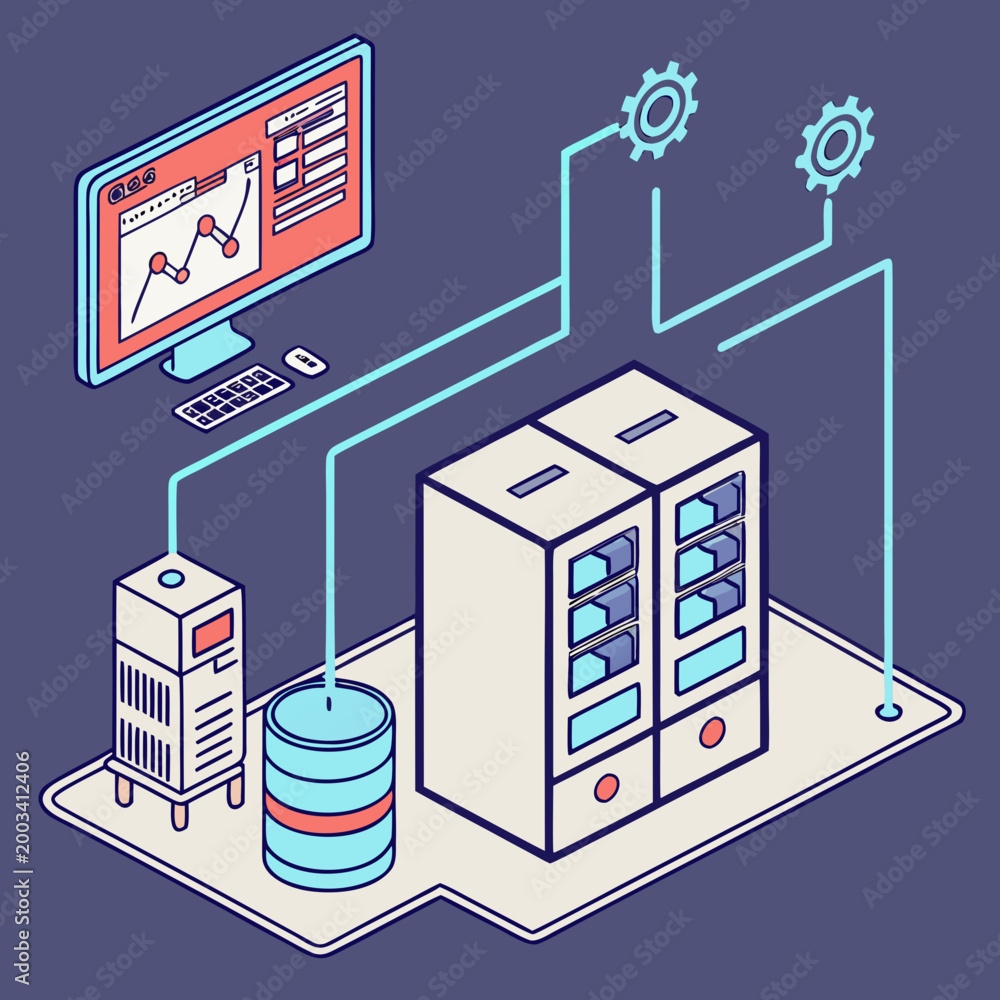 Fototapeta premium Computer server and data storage with a monitor and connections