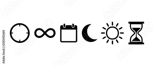 Time and Calendar Management Icons Set, Symbolizing Infinity, Duration, Scheduling, Day and Night Cycles, Business Deadlines, Productivity, Workflow Efficiency, Planning Strategy, Chronology Minimalis