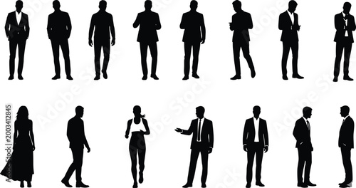 Professional business people silhouettes set with men and women in suits standing walking and presenting for corporate urban lifestyle design