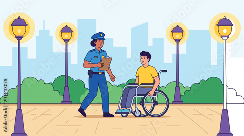 Female Police Officer Talking to Man in Wheelchair in a Public City Park at Night