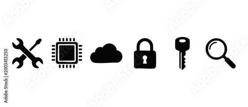 Technology Icons Set Vector Illustration for Web and Digital UI Design, featuring Tools, CPU Processor, Cloud Computing, Security Padlock, Key and Search Magnifying Glass symbols for modern software i
