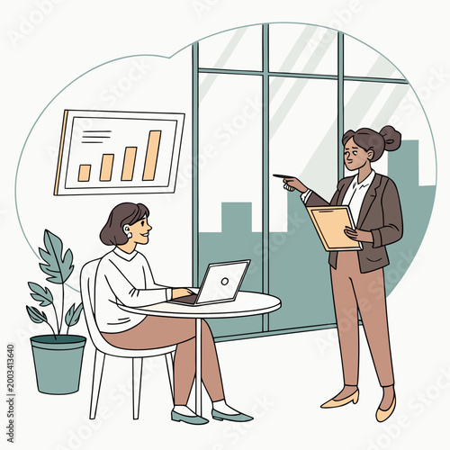 Two women discussing data on laptop in office discussion