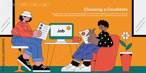 Website header graphic illustrating job candidate selection process with diverse people and computer