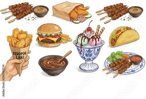 Tableau sur toile Street food and fast food illustration set featuring chicken satay fried chicken burger with fries ice cream sundae taco and Indonesian keropok snack