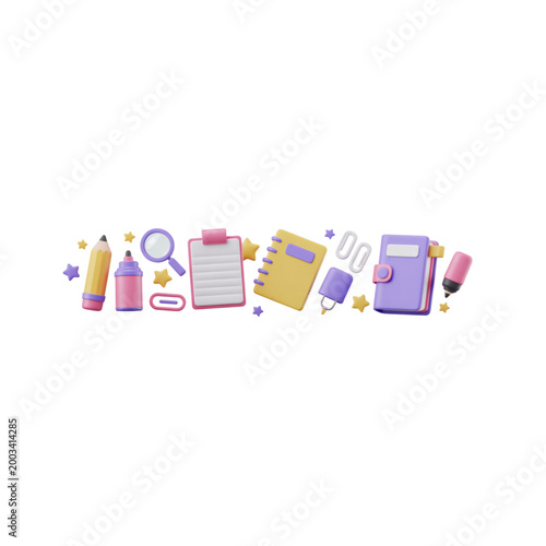 Cute 3D school supply vector set, colorful stationery and notebook icons for back to school