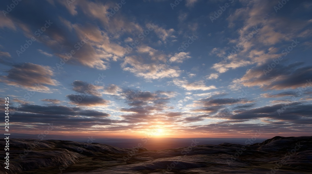 Fototapeta premium Dramatic sunset over rolling terrain featuring sweeping cloudscapes under a vibrant gradient sky