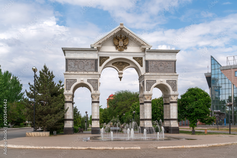 Obraz premium The Triumphal Arch dedicated to the 300th anniversary of the Astrakhan Province on the Walk of Fame of the Astrakhan Land, Astrakhan, Russia