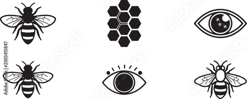 Black and white illustration of bees honeycomb and bee larva in a circular arrangement