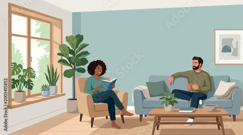 Couple relaxing in cozy living room with plants and natural light interior greenery sunlight relaxation together comfortable domestic