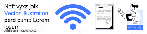 Technology, education, digital communication, remote work, online learning, connectivity. Blue wireless symbol, a signed document and a woman holding a clipboard in a diagram. Digital communication