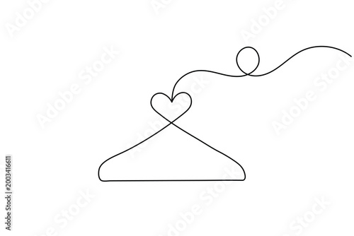 Continuous line art clothes hanger with heart and swirling line white background love fashion