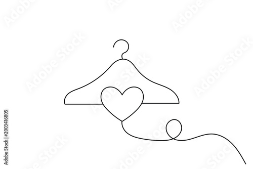Single line drawing clothes hanger with heart and looping line extending from it love fashion