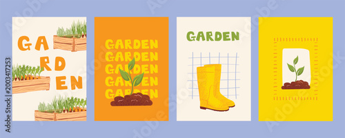 Urban farming and raised bed gardening concept with seedlings and planters. Modern sustainable city growing illustration for eco lifestyle and home agriculture