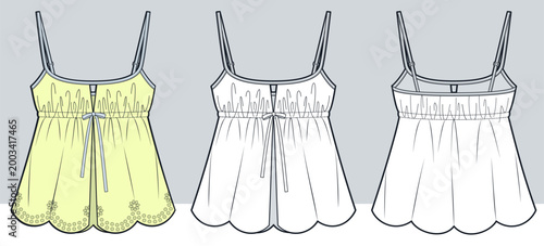 Women Embroidered Cami Top Fashion Flat Technical Drawing Template Featuring Scallop Hem Drawstring Waist Spaghetti Straps and Front Back Views