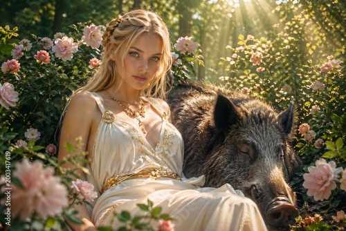Freya, the Norse goddess of love and war, next to a resting wild boar in a mystical forest. Adorned with the golden necklace Brísingamen and roses. Generative AI