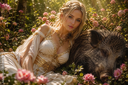 Freya, the Norse goddess of love and war, next to a resting wild boar in a mystical forest. Adorned with the golden necklace Brísingamen and roses. Generative AI