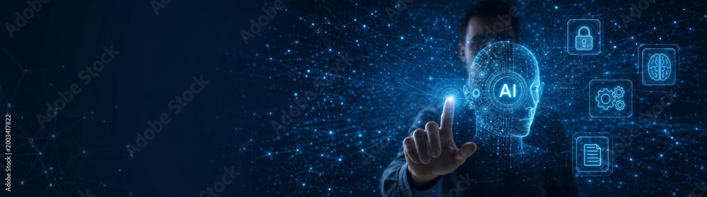 Fototapeta premium Human-AI Interaction. Exploring the Future of Artificial Intelligence and Digital Ecosystem Transformation. Empowering Business. Cybersecurity. Integrated solutions. Generative AI 