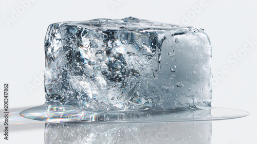Large sculptural block of melting glacial ice on pure white background. Extraordinary clarity with micro bubbles, crystalline fractures and active melting droplets. Ephemeral natural luxury