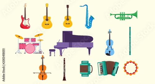 Musical instruments collection on cream background